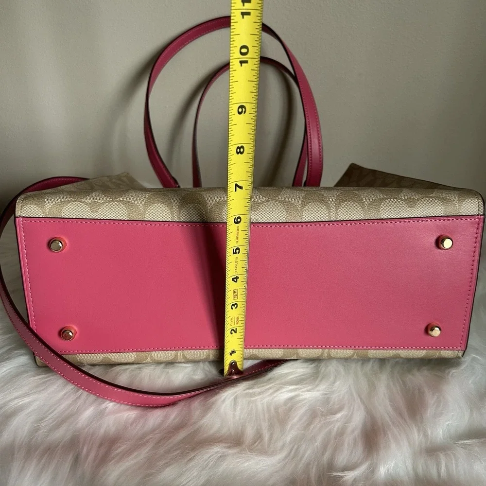Coach Tatum Carryall 28 Khaki‎ Pink Signature Canvas Leather Bag Excellent